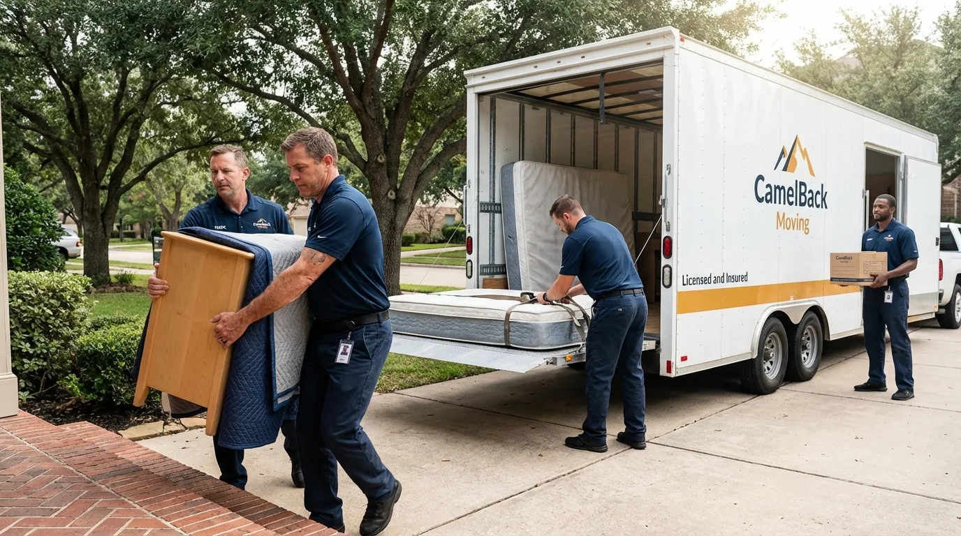 Crew loading residential truck for cross-state move from Smithton, IL