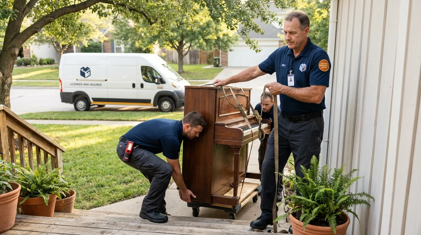 Licensed piano movers securing grand piano in Smithton, IL