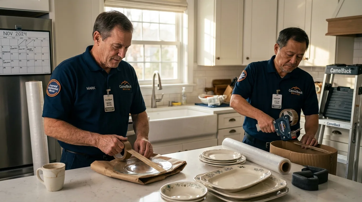 Professional crew packing kitchen dishware in Smithton, IL